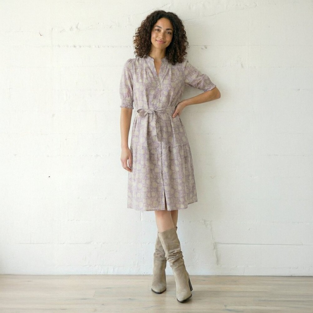 Button Front Dress in Hand Block Print Floral